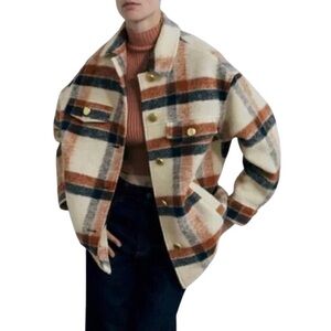 Women's Large Joie Oversized Plaid Jacket Shacket Layer Tartan Button Up Gold